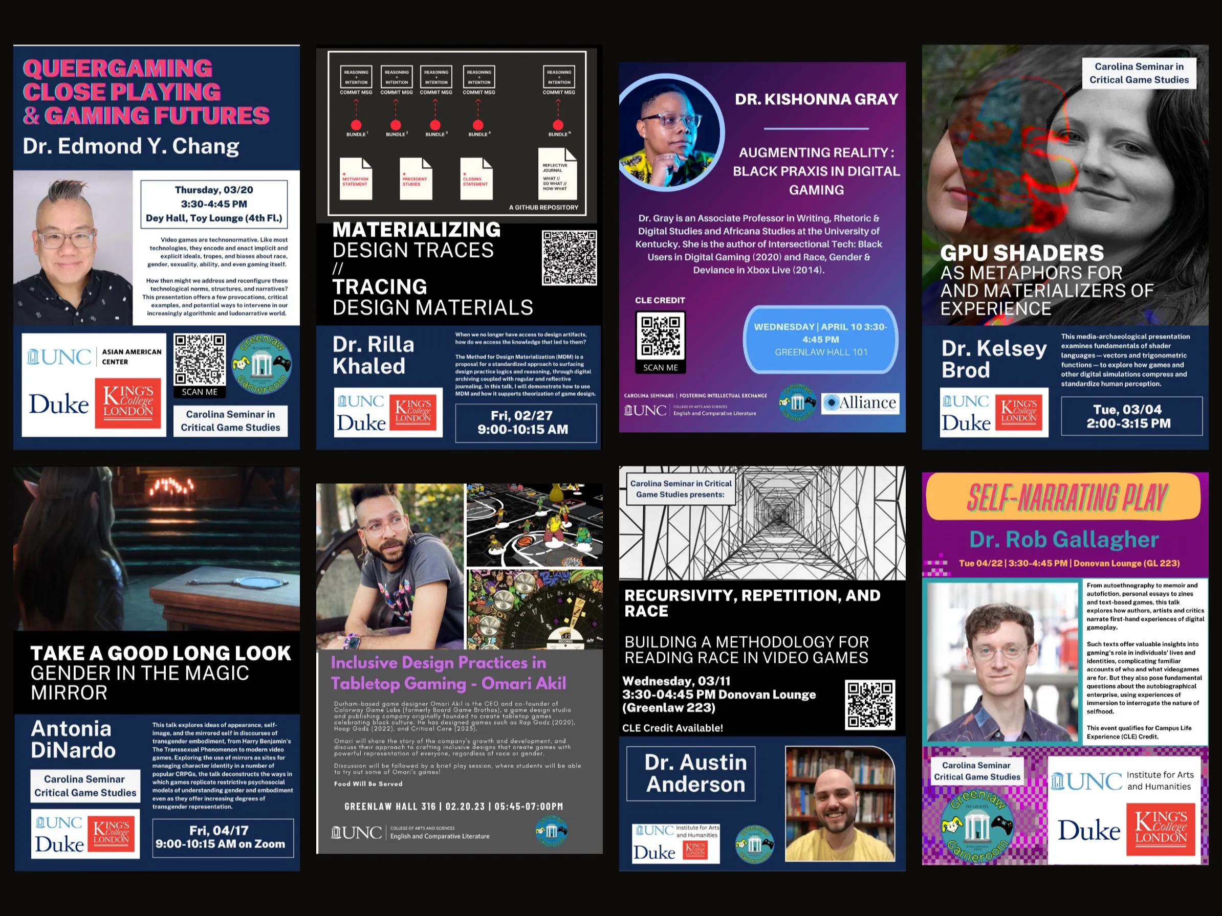 A grid of eight posters for Carolina Seminar sessions, including talks on queergaming, design traces, GPU shaders, gender in the magic mirror, and inclusive tabletop design