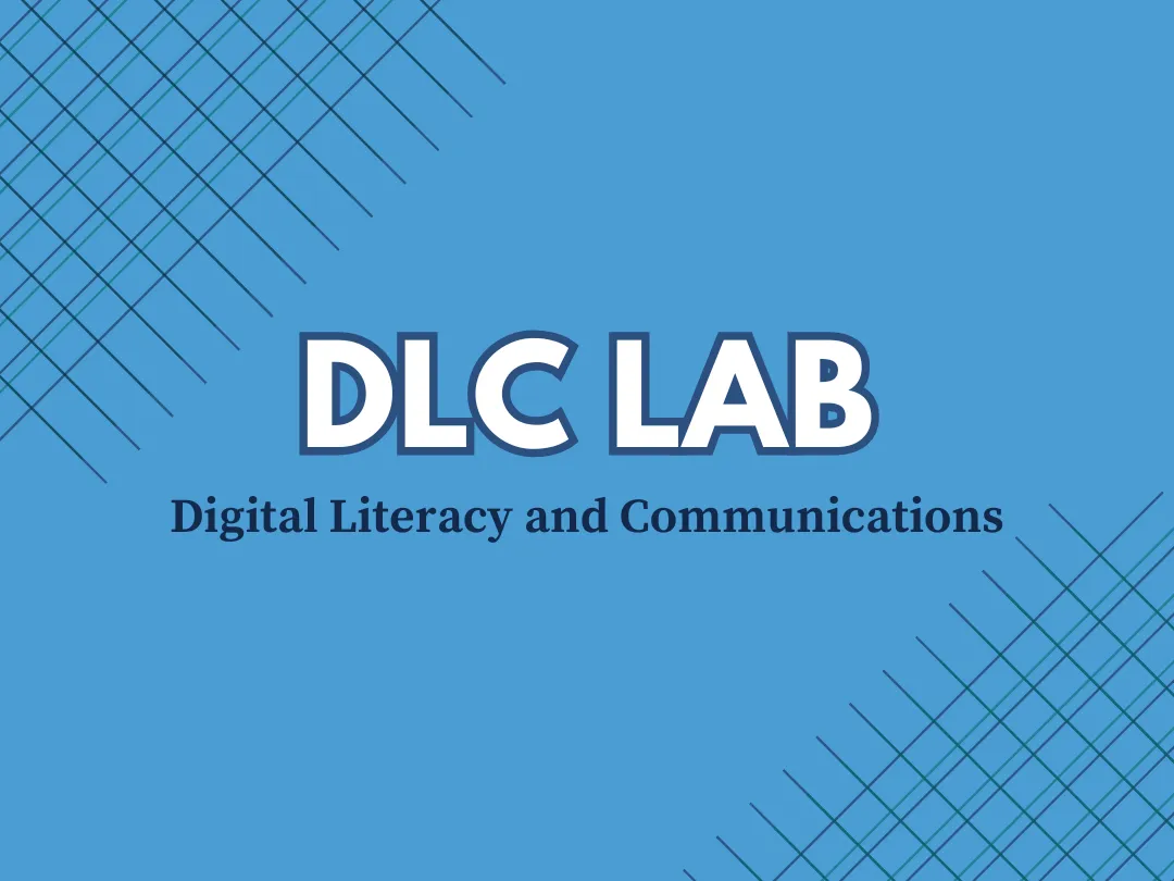 The DLC Lab logo: DLC LAB in white outlined capitals over the words Digital Literacy and Communications, on Carolina blue with cross-hatched corners