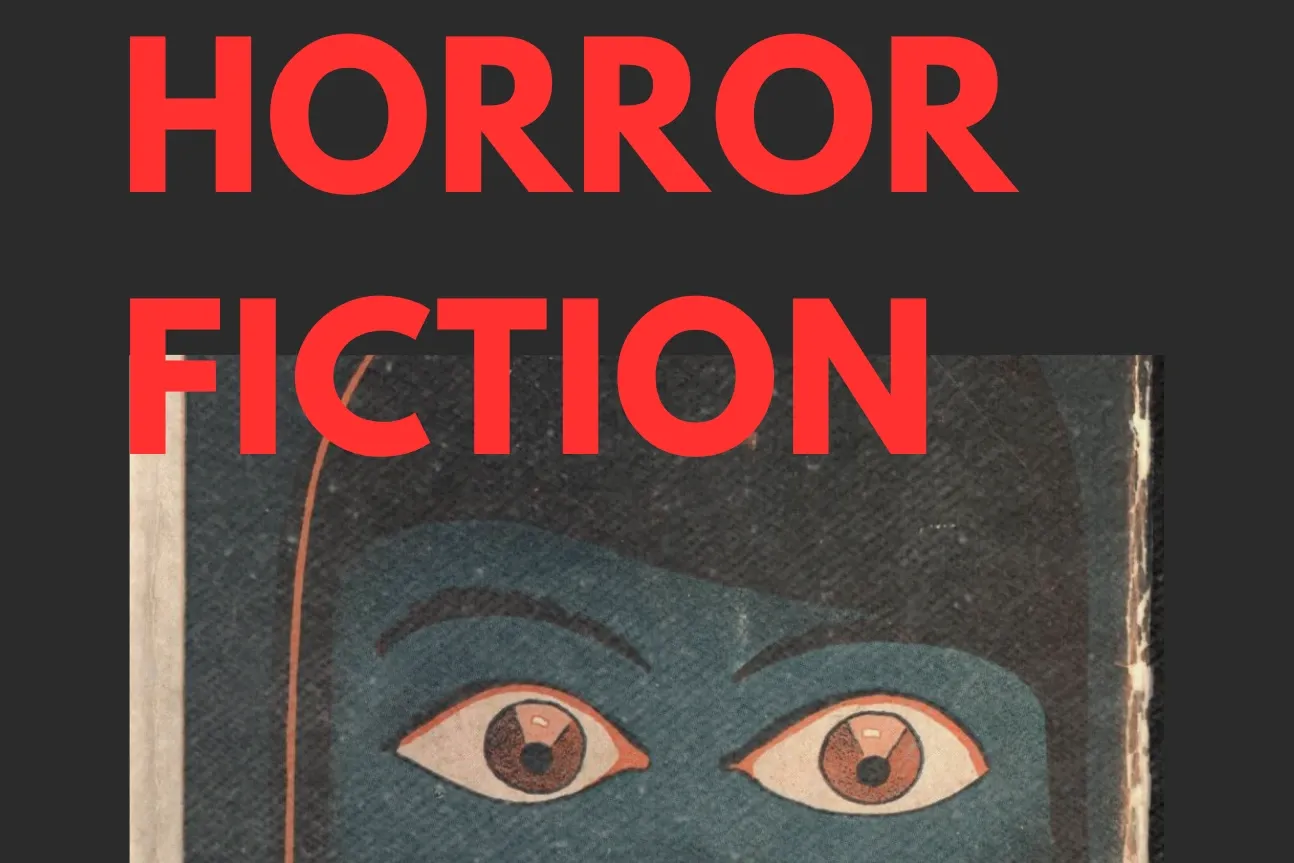 Course flyer for Horror Fiction, its title in red above a vintage illustration of two huge eyes staring out of the dark