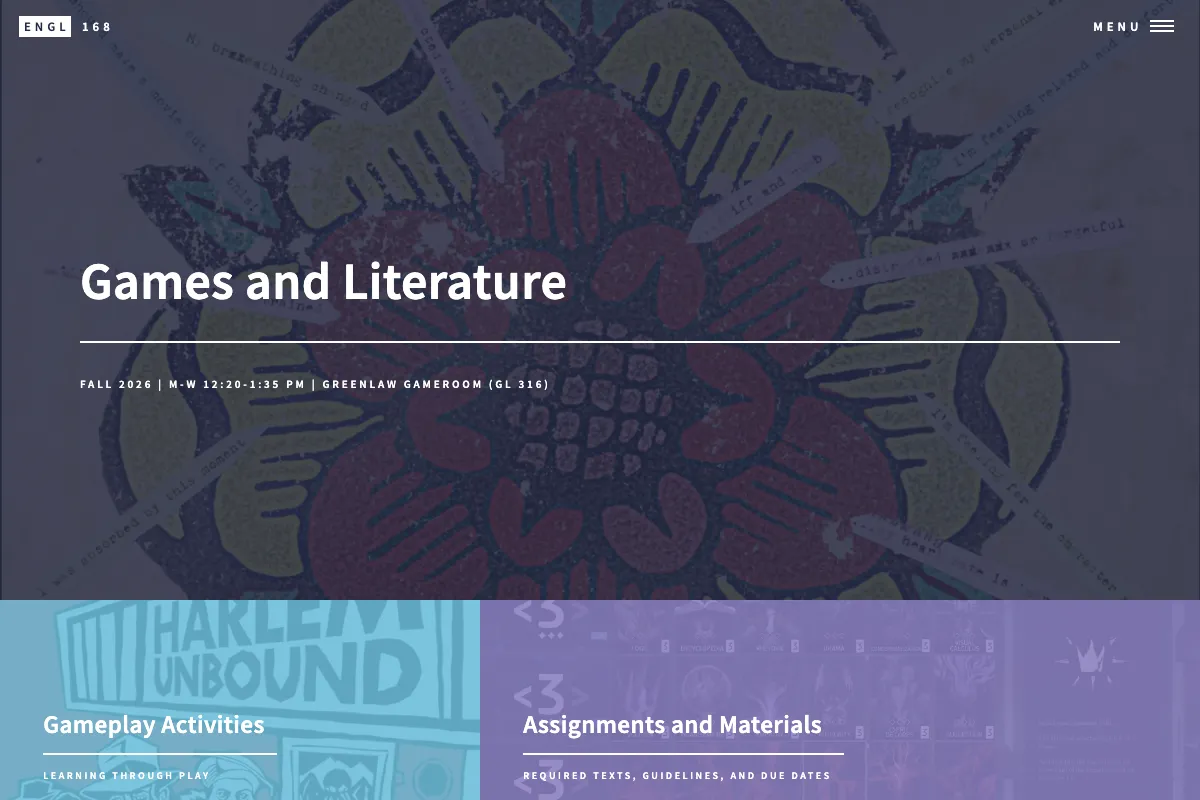 The course website for Games and Literature, with a stylised rose emblem