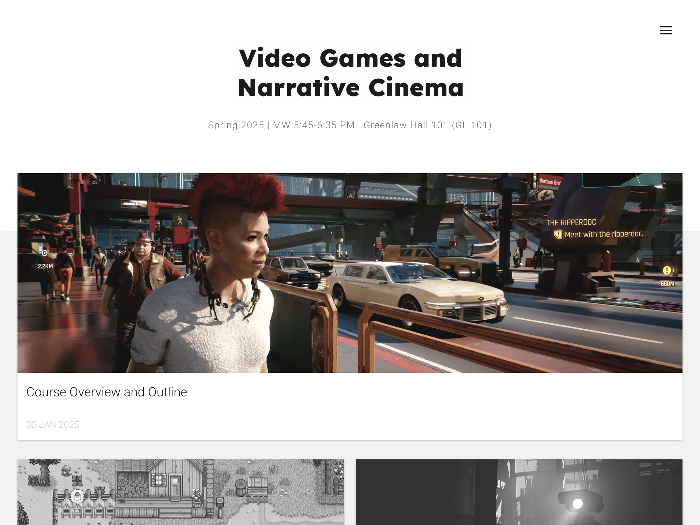 The course website for Video Games and Narrative Cinema, its lead image, a street scene from a video game, shifting from grey into colour