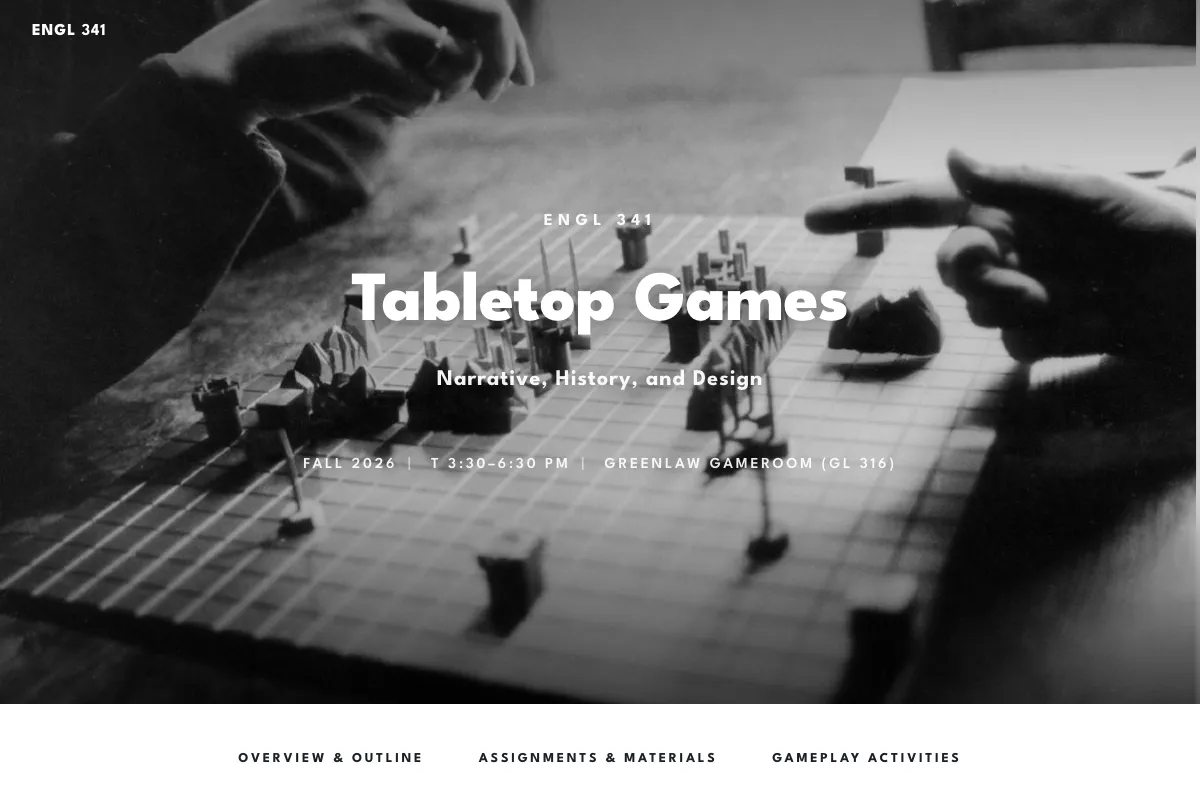 The course website for Tabletop Games, with a photograph of hands moving pieces on a gridded game board