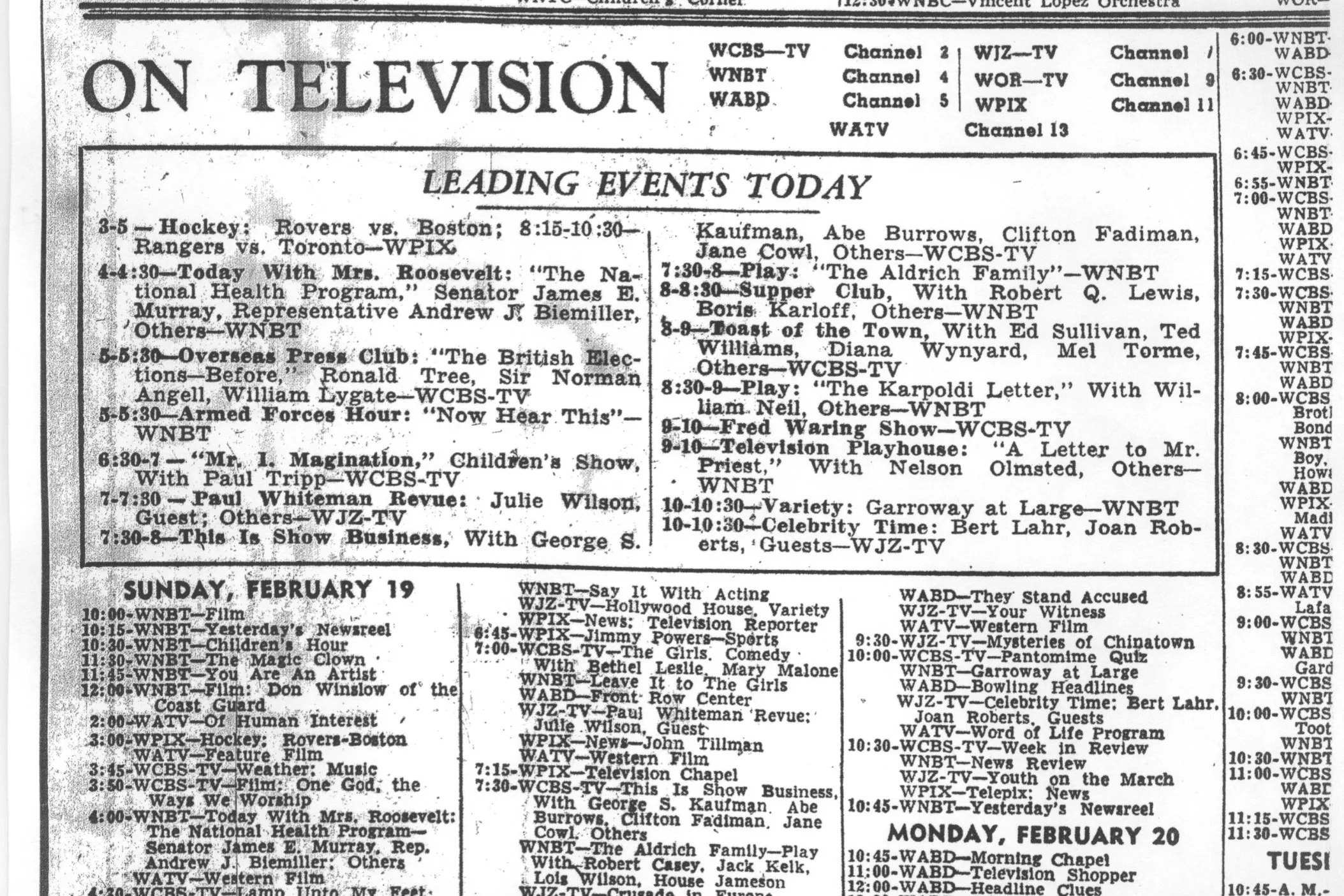 A newspaper television listings page from February 1950, headed On Television, with handwritten notes in the margins
