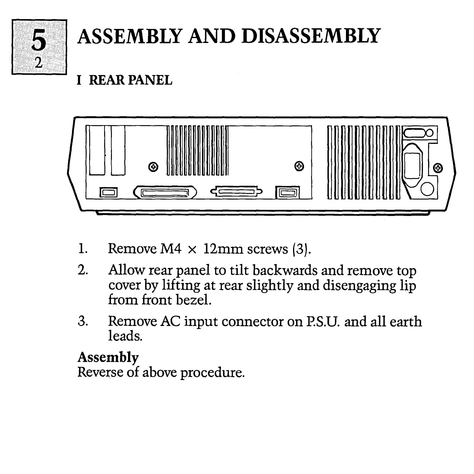 A page headed Assembly and Disassembly from a 1983 computer service manual, with a line drawing of the machine's rear panel and numbered steps for removing it