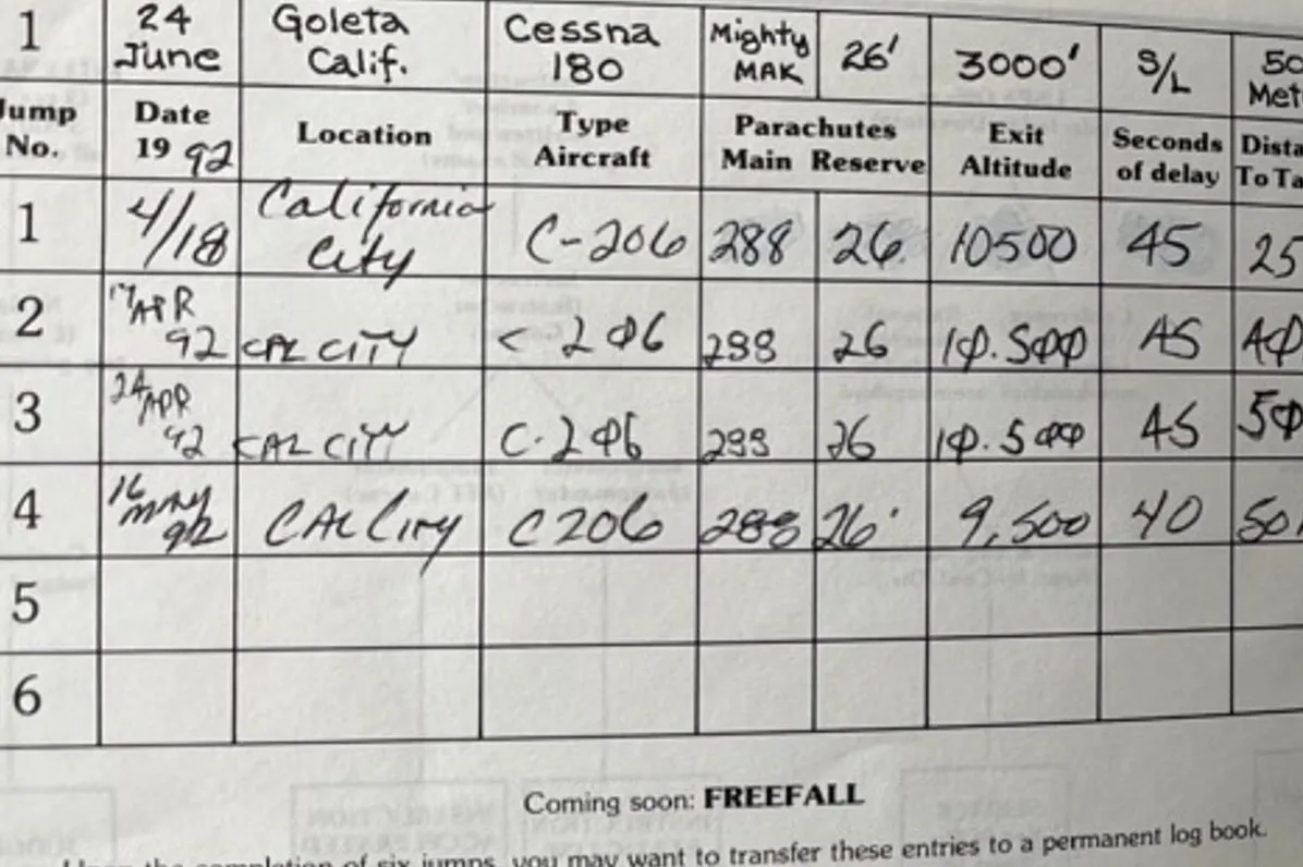 A logbook page with the first four jumps of 1992 filled in by hand: dates, aircraft, altitude, and seconds of delay
