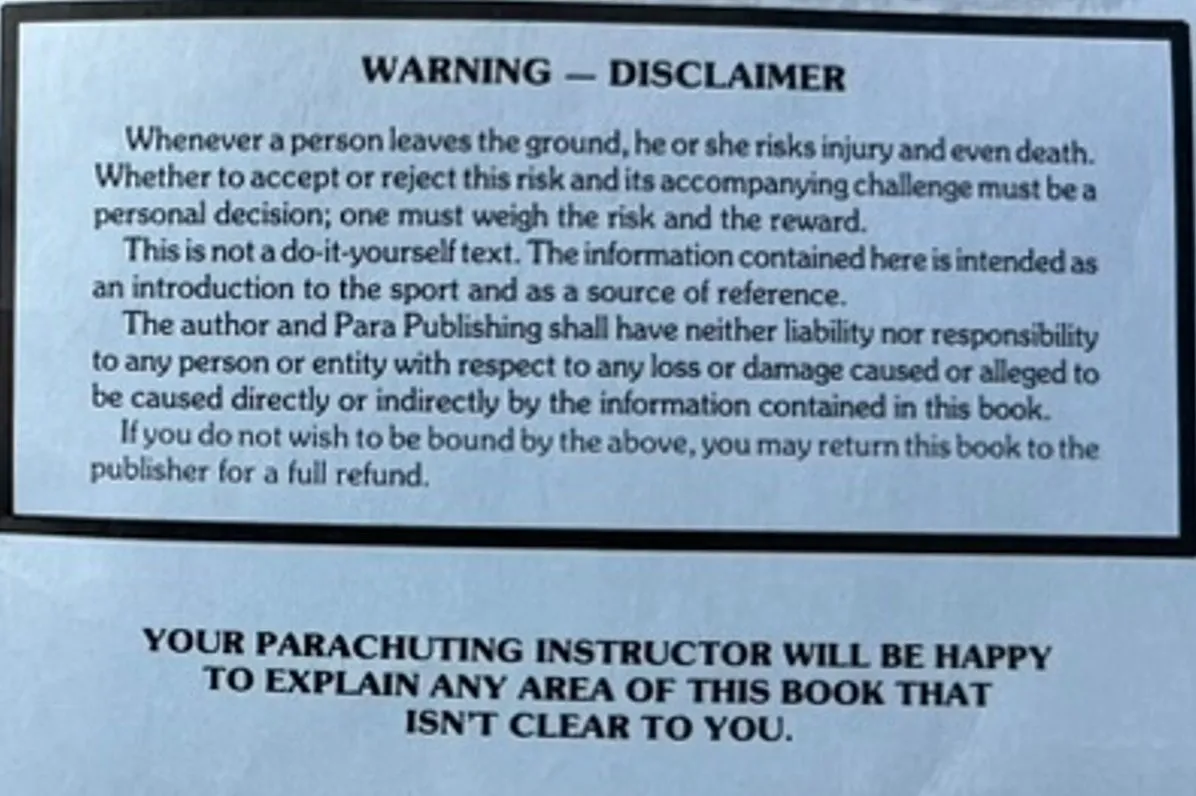 The manual's Warning and Disclaimer, which begins: Whenever a person leaves the ground, he or she risks injury and even death